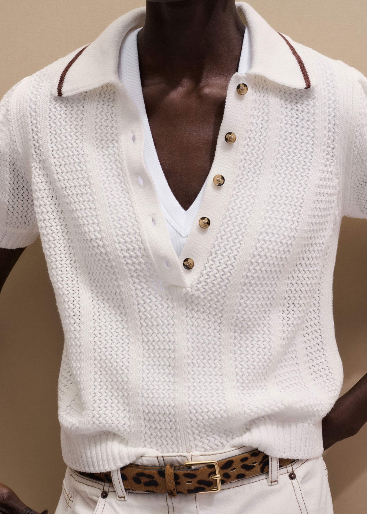 ME+EM Cream Pointelle Pouf Sleeve Sporty Smart Polo Top